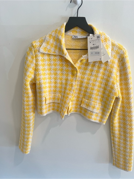 Zara Jackets & Blazers - Zara Yellow & White Houndstooth Cropped Blazer